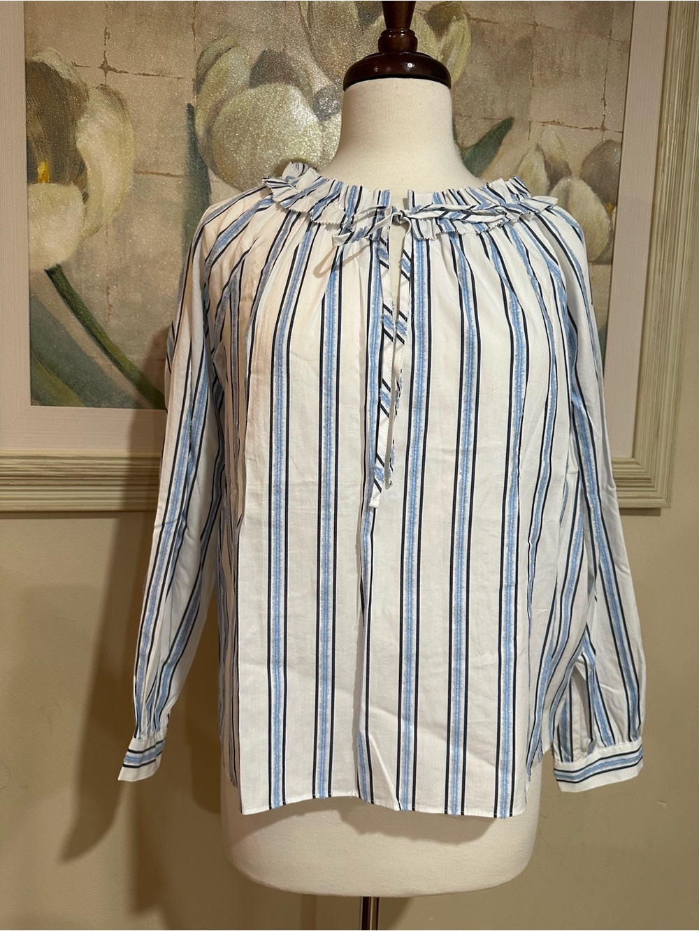 J. Crew Tie Front Ruffle Top White Blue Stripe SZ Small NWT